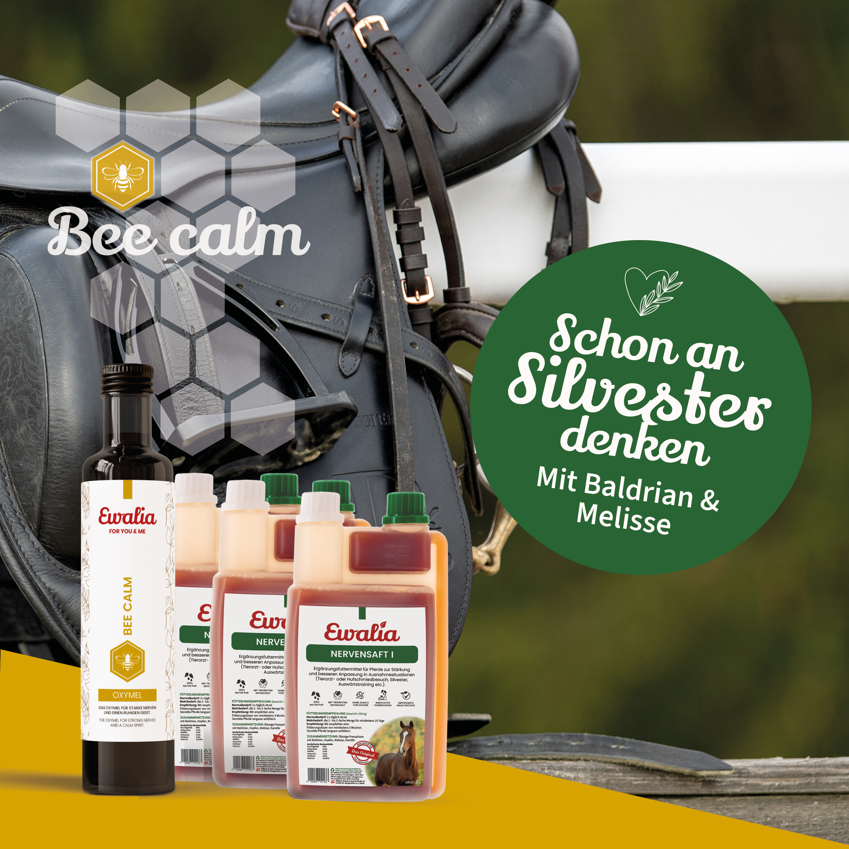 1x EWALIA Oxymel Bee calm + 3x EWALIA Nervensaft 1 für Pferde 1L