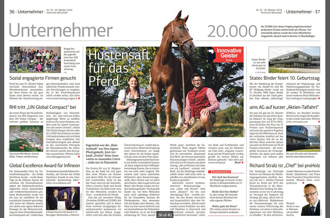 Steirische Wirtschaft, 29.10.2018 Zeitungsartikel Ewalia Hustensaft für das Pferd