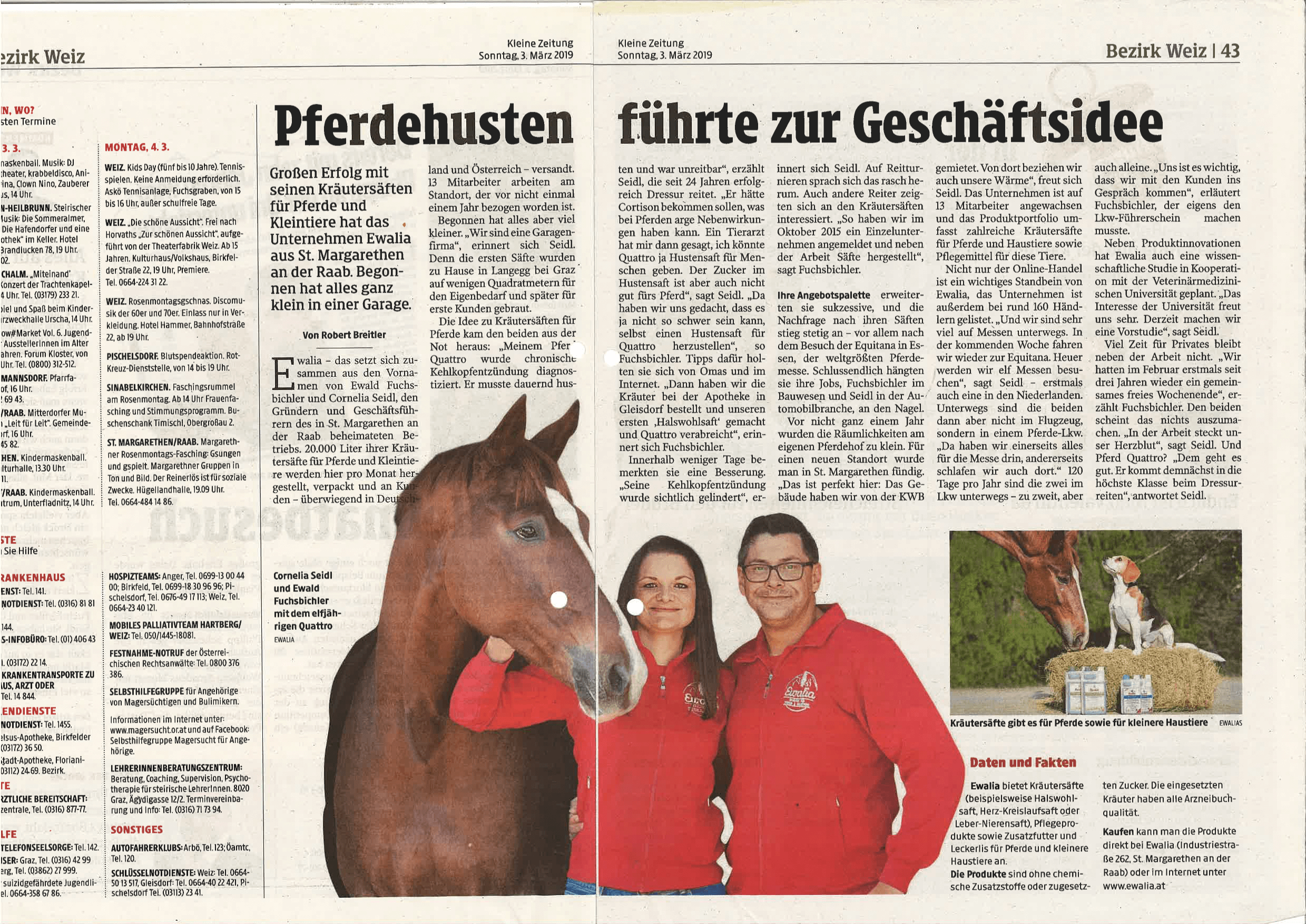 Kleine Zeitung, Weiz, 03.03.2019 Zeitungsartikel Ewalia Pferdehusten